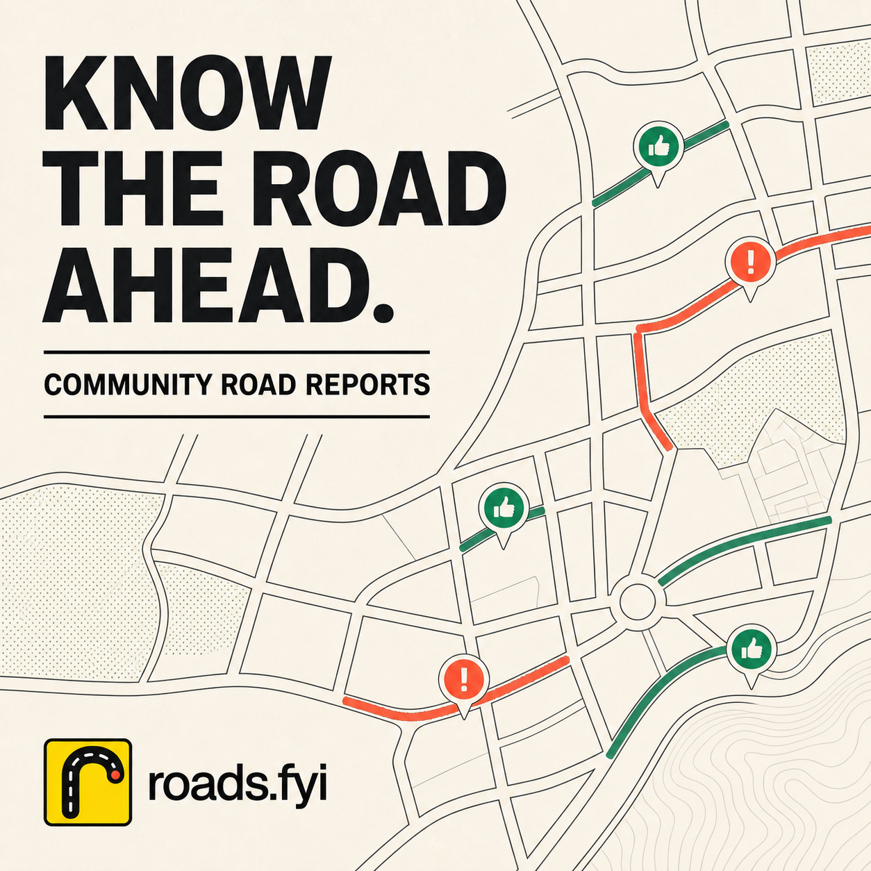 roads.fyi Road Explorer showing community road reports on a map